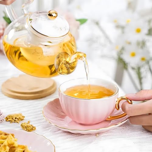 ICHAG Tea Cups and Saucers Set, Tea Cup Set, Cappuccino Cup, 7oz Vintage Porcelain Teacup and Saucer Set with Golden Spoon, Latte Cups, Coffee Cup Set for Women's Tea Party, Home Office Gifts (1pc)