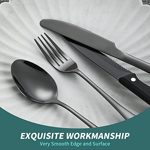 A · HOUSEWARE Silvery Flatware Set 4 Hollow Out Cutlery Stainless Steel Silverware 20 Pieces Forks Spoons and Knives Kitchen Utensils Hanging Handle Durable