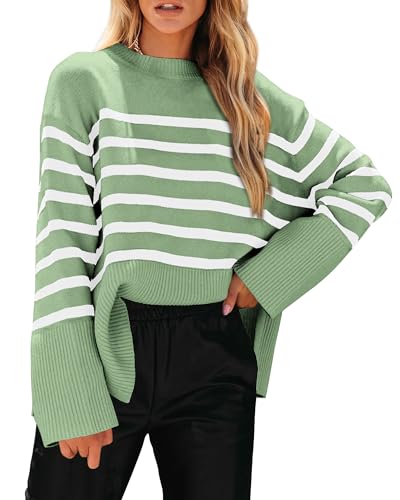 PRETTYGARDEN Women's 2024 Fall Striped Sweater Oversized Long Sleeve Crew Neck Side Slit Casual Trendy Knit Pullover Sweaters (Beige,Small)