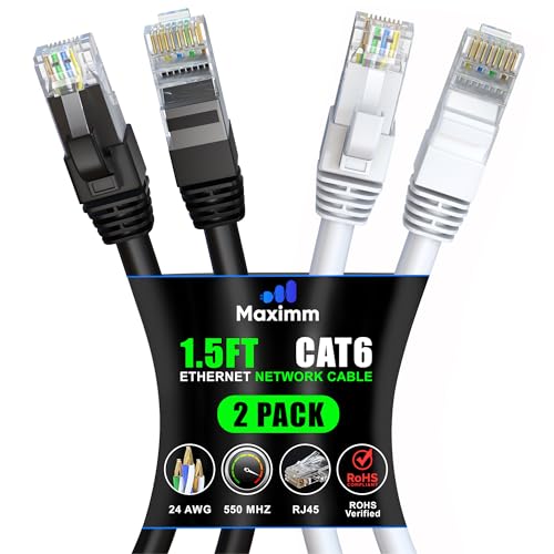 Maximm Cat 6 Ethernet Cable 1.5 ft (2-Pack) - High-Speed LAN Cable, Internet Cable, Patch Cable, and Network Cable - UTP, 10Gbps, 550MHz Ethernet Cord - Black & White