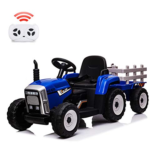 Nasitip 12V Kids Battery Powered Electric Tractor with Trailer, Toddler Ride On Car w/Remote Control/ 7-LED Headlights/ 2+1 Gear Shift/ MP3 Player/USB Port for Kids 3-6 Years (Blue, 25W/ Tread Tire)