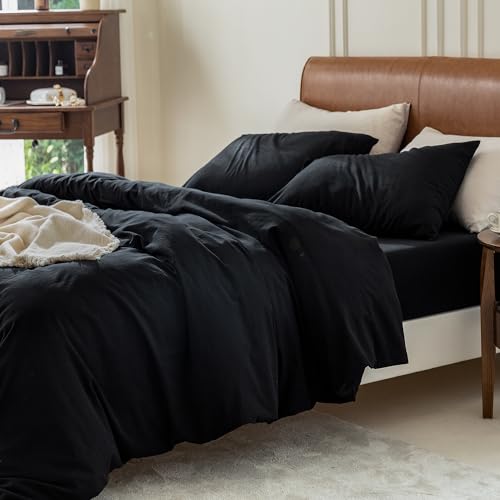 FOSSA Duvet Cover Set, 100% Washed Cotton Linen Feel Super Soft Breathable Cozy Simple Style 3 Pieces Bedding Sets Solid Off White California King