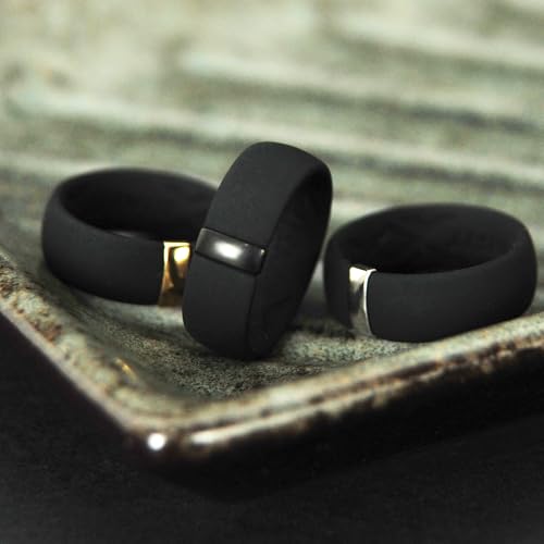 Rinfit Silicone Wedding Band Men - Classic Rounded Rubber Ring with Stainless Steel Metal Line - MetalBar Design Patent Pending - Black/Gunmetal Gray, Size 7.5-8