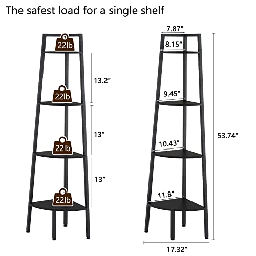 Hoctieon Corner Shelf, 4-Tier Corner Bookshelf, Rustic Corner Ladder Shelf, Industrial Display Shelf for Living Room, Kitchen, Home Office, Balcony, Small Space, Metal Frame, Black