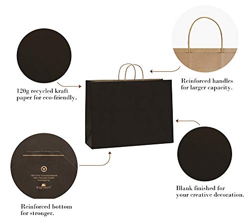 BagDream 100Pcs 16x6x12 Inches Kraft Paper Bags with Handles Bulk Gift Bags Shopping Bags for Grocery, Merchandise, Party, 100% Recyclable Large Black Paper Bags