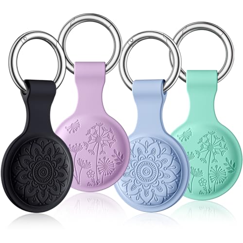 Lerobo Trendy Carved AirTag Holder Air Tag Case Keychain 4 Pack Air Tag Holder with Anti-Lost Key Ring Anti-Scratch Silicone AirTag Case Cover for Keys Kids' Backpacksk Dog Collars AirTag Accessories