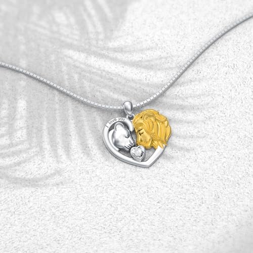 LONAGO Lion Heart Necklace Lioness and Lion Necklace with Birthstone Silver Jewelry Gift for Women (April - Created Diamond)