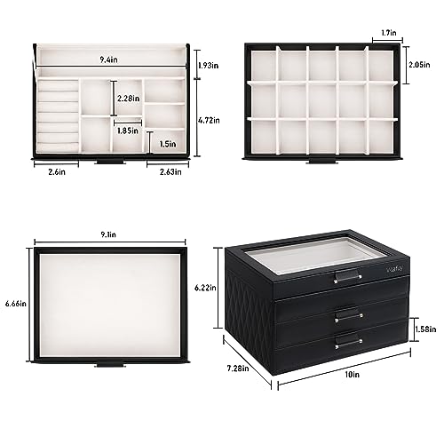 V-LAFUY Jewelry Organizer Box, Jewelry Holder Organizer 3 Layers with 2 Drawers, Jewelry Boxes Display Earring Necklace Watch Bracelet and Rings - Glass Lid Apricot