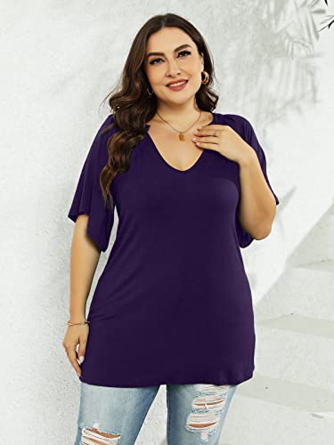 HDLTE Women's Plus Size Tops Pleated Petal Cap Sleeve Lace Trim V Neck Shirt 2023 Fashion Dressy Casual T-Shirts(05_F-Black,XL)