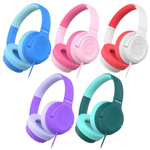 iClever Kids Wired Headphones for School Students K-12 & Teachers, Durable PP Material, Tangle Free, Kids Headphones with Cord Multiple Folding Options Suitable for School/Home/Travel, Bulk 5Pack