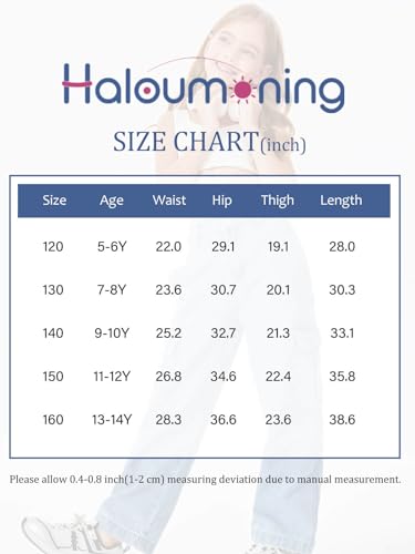 Haloumoning Girls Jeans Denim Elastic High Waisted Wide Leg Baggy Cargo Pants with Pockets 5-14 Years