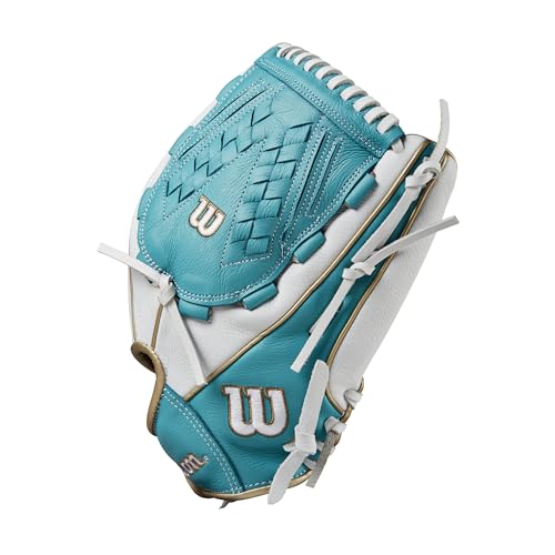 Wilson 2024 A500™ Siren™ 12.5” Youth Outfield Fastpitch Softball Glove - Right Hand Throw, White/Teal/Metallic Gold