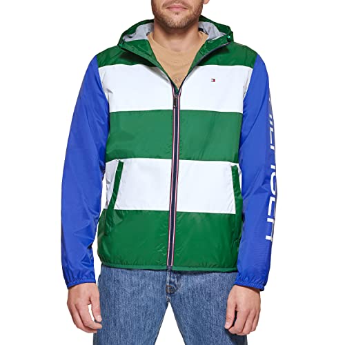 Tommy Hilfiger Men's Color Block Logo Rain Slicker, Green/White/Blue, Small