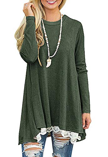Afibi Women Lace Long Sleeve A-line Swing T-shirt Loose Tunic Top Blouse (Medium, Purple)