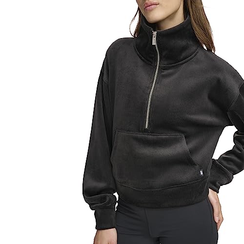 DKNY Women's Performance Long Sleeve Tech Velour Rib Half Zip, Black