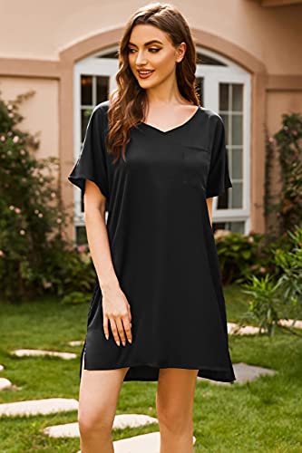 Ekouaer Satin Nightgowns For Women Silk Night Shirt Loose V Neck Nightgown(Snorkel BlueSmall)