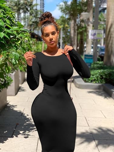 XXTAXN Women's Sexy Bodycon Long Sleeve Round Neck Work Office Midi Pencil Dress Black