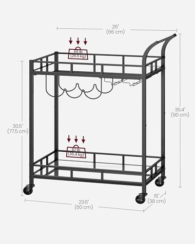 VASAGLE Bar Cart Black, Home Bar Serving Cart, Wine Cart with 2 Mirrored Shelves, Wine Holders, Glass Holders, for Kitchen, Dining Room, Black ULRC092B62