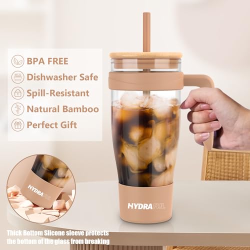 Hydraful 40 oz Glass Tumbler with Handle, Reusable Glass Tumbler with Straw and Lid, BPA Free Clear Glass Tumbler with Bamboo Lid, Fits In Cup Holder, Dishwasher Safe, Amber