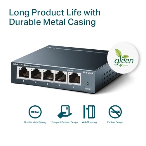 TP-Link TL-SG105, 5 Port Gigabit Unmanaged Ethernet Switch, Network Hub, Ethernet Splitter, Plug & Play, Fanless Metal Design, Shielded Ports, Traffic Optimization