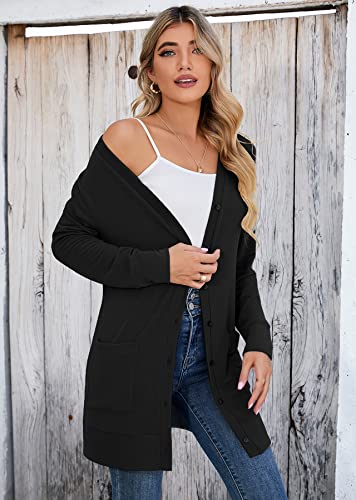 Heymoments Cardigan Sweater for Women Navy Blue Medium Lightweight Open-Front Long Sleeve Causal Button Down Soft Outwear Tops with Pockets