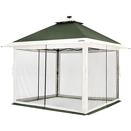 Suntime 12 x 12 Instant Pop Up Gazebo Polyester Canopy Tent Shelter with Solar LED Lights, 4 Zippered Screens, and Powder Coated Steel Frame, Green