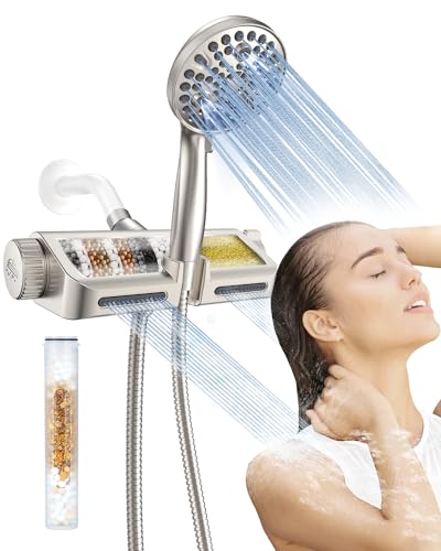 MakeFit Filtered Shower Head with Handheld Combo Brushed Nickel - Dual 2-in-1 Spa System with Massage Shower Head and 10 Modes Hand Held Shower Head, High Pressure, Buit in Power Wash Mode