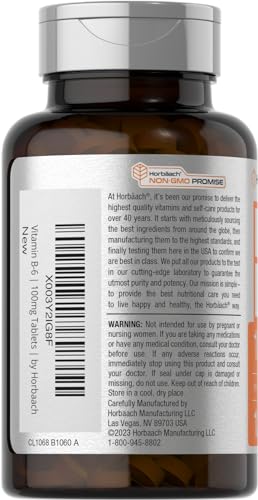 Horbäach Vitamin B-6 100mg | 120 Vegetarian Tablets | Pyridoxine HCl | Vegetarian, Non-GMO & Gluten Free Supplement