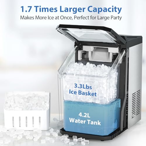 Aeitto Nugget Ice Maker Countertop, 55lbs/Day, Large Capacity Chewable Ice Maker, Rapid Ice Release in 5 Mins, Self-Cleaning with Stainless Steel Housing Ice Machine for Home Office and Party, Silver