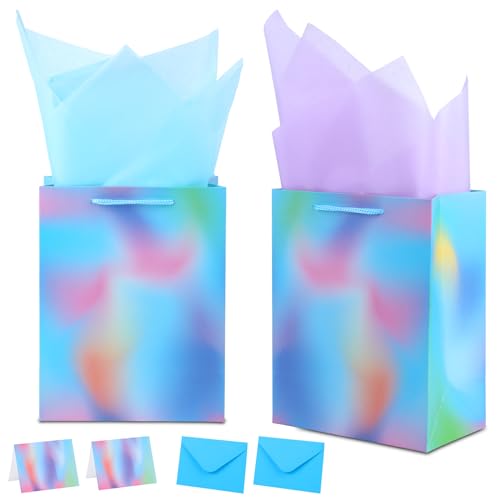 Prgery 2 Pcs 9" Medium Birthday Gift Bag with Greeting Card and Color Tissue Paper(Blue Gradient)