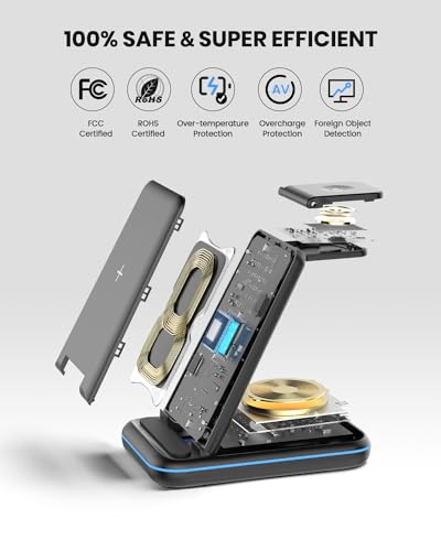 GEEKERA 3 in 1 Wireless Charging Station, Foldable Wireless Charger Stand for Multiple Apple Devices for iPhone 15 14 13 12 11 Pro Max Plus XR XS X, Apple Watch Ultra/9/SE/8/7/6/5/4/3/2, AirPods Pro/3