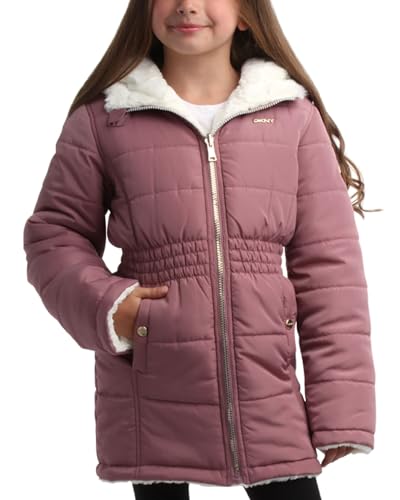 DKNY Girls’ Jacket – Reversible Heavyweight Quilted Parka Coat with Sherpa Lining – Reversible Jacket for Girls (4-16), Size 7-8, Dark Dusty Pink/Cream