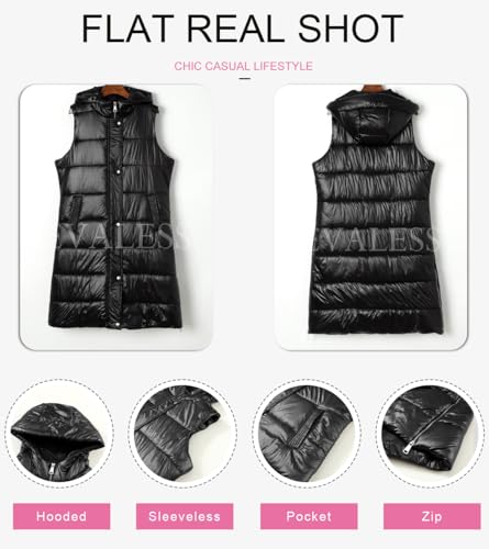 EVALESS Womens Casual Long Puffer Vest Quilted Hooded Sleeveless Zip Up Jacket Down Vest Winter Warm Lightweight Gilet Coat Outerwear with Pockets Black Small