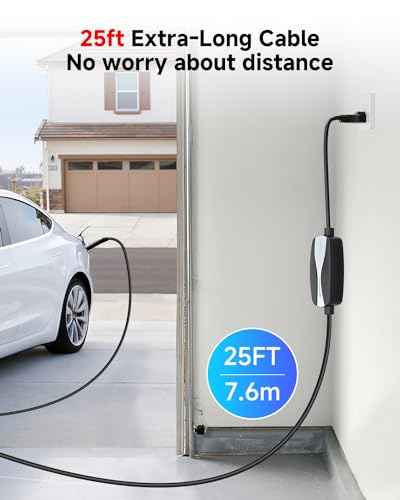 Level 1/2 EV Charger for Tesla, 16A Electric Car Mobile Charger for Tesla 25ft Cable with 240V NEMA 6-20 Plug, 120V NEMA 5-15 Adapter, NACS Connector, Home Portable Wall Charger for Tesla ModelY/3/S/X