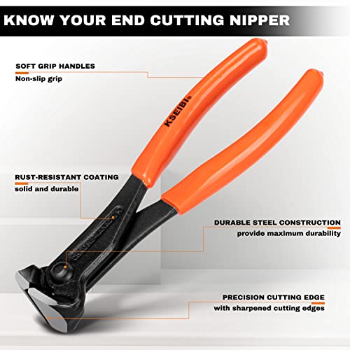 KSEIBI 141150 End Cutting Pliers 7 Inch Grip Handle Black Finish Chrome Vanadium Steel Carpenter Pincer, Nippers Tool, Cat Paw, Nail Remover, Rivet Cutting Pliers, Steel Wire Cutter Construction Tool