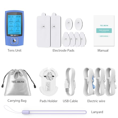 TEC.BEAN 24 Modes Tens Unit Muscle Stimulator, Rechargeable Tens Machine with 8 Electrode Pads (American Gel), Electric Pulse Massager for Pain Relief Therapy（Blue）