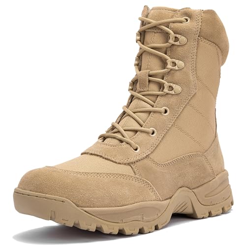 WIDEWAY Men's/Women's Tactical boots 8 Inches Combat Military Work Desert Leather boots with Side Zipper