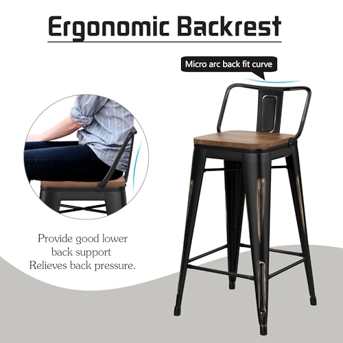 Alunaune 24" Industrial Metal Bar Stools Set of 4 Counter Height Barstools Kitchen Bar Chairs with Modern Wooden Seat, Distressed Gold Black