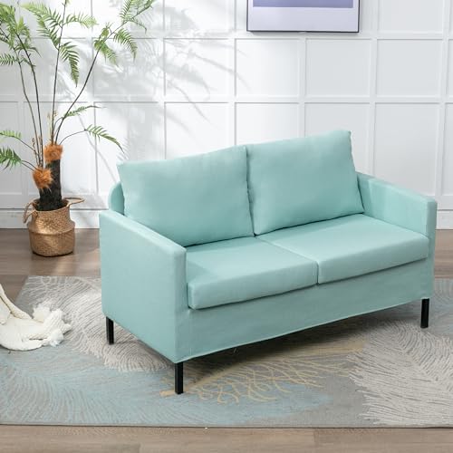 TYBOATLE 51" W Linen Fabric Upholstered Modern Loveseat Sofa Couch for Living Room, Love Seats 2-Seater Furniture w/Iron Legs for Compact Space, Apartment, Bedroom, Dorm, Office, Aqua Blue