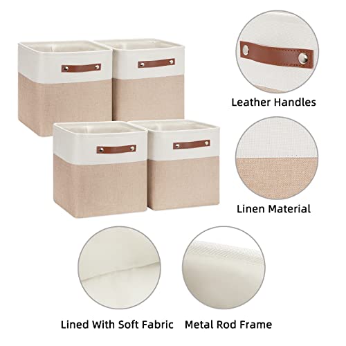 HNZIGE Foldable Storage Cubes Baskets for Organizing Set of 4, Fabric Cube Storage Bins 11 x11, Collapsible Storage Basket Bins Cube with Handles for Shelves Home Nursery(White Beige)
