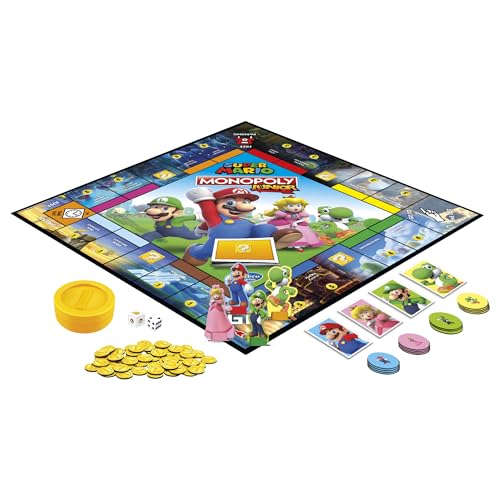 Monopoly Junior Super Mario Edition Board Game, Fun Kids' Ages 5 and Up, Explore The Mushroom Kingdom as Mario, Peach, Yoshi, or Luigi (Amazon Exclusive)