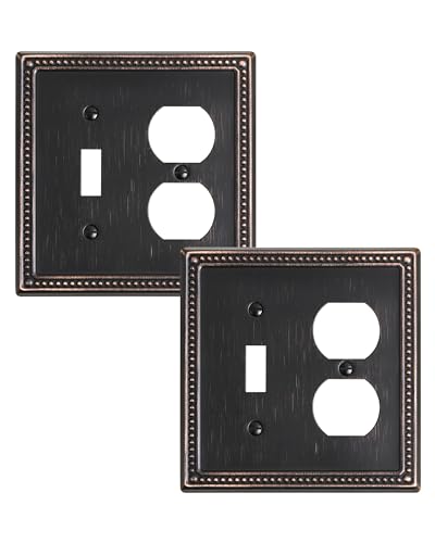 TREEWELL 2-Pack Double Toggle Light Switch Cover Plate, Pearls Decorative Dual Switch Plate Covers, Aged Bronze 2 Gang Metal Wall Plate, Corrosion Resistant