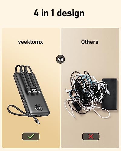 VEEKTOMX Portable Charger with Built-in Cables, 10000mAh Power Bank for iPhone, Slim Fast Charge USB C Battery Pack, Travel Essentials Powerbank Compatible with iPhone 15/14/13, Samsung, Android, etc