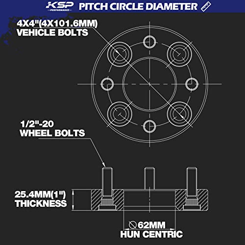 KSP 4x4 Wheel Spacers for Golf Cart, 1" ATV Wheel Spacer Fits for EZ GO EZGO Club Car, 25mm Thick 4x100 & 4x101.6mm Thread Pitch 1/2" x20 Hub bore 62mm, Black 4PCS