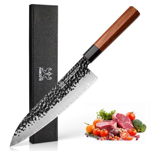 FAMCÜTE 8 inch Japanese Knife, Hand Forged High Carbon Steel 3 Layers 9CR18MOV Wood Handle Professional Kitchen Knife - Ultra Sharp and Strong Japanese Chef Knife - Perfect Gift for Men and Women.