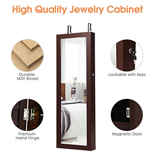 Giantex Jewelry Armoire Wall Door Mounted, Lockable Jewelry Cabinet with 42.5'' Full Length Mirror, 2 LEDs Jewelry Organizer Box with 2 Drawers, Mirror with Jewelry Storage (Espresso)