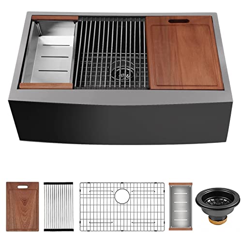 CELAENO 33 inch Farmhouse Kitchen Sink, Heavy Duty Single Bowl Apron Front Stainless Steel Workstation 18 Gauge, 9” Deep Handmade R10 Radius Farm Sink with Various Accessories