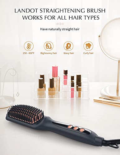 LANDOT Hair Straightening Brush Straightener: Negative Ion Ceramic Heated Hot Brush for Smooth Frizz-Free Hair - Dual Voltage 100-240V & 12 Temp Settings 250°F to 450°F