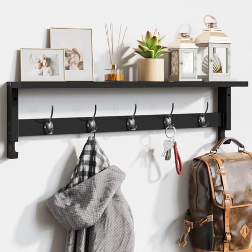 AMBIRD Coat Rack Wall Mount with Shelf, 28.9 Inches Coat Hooks Wall Mounted with 5 Hooks, Hat Wall Hooks for Hanging in Entryway, Living Room, Bathroom, Bedroom (Black, 28.9 * 4.5 inches)