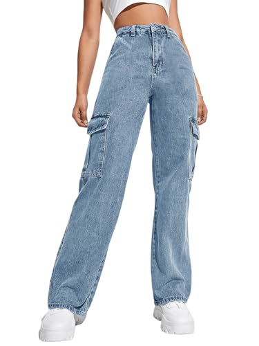 Haloumoning Girls Jeans Denim Elastic High Waisted Wide Leg Baggy Cargo Pants with Pockets 5-14 Years